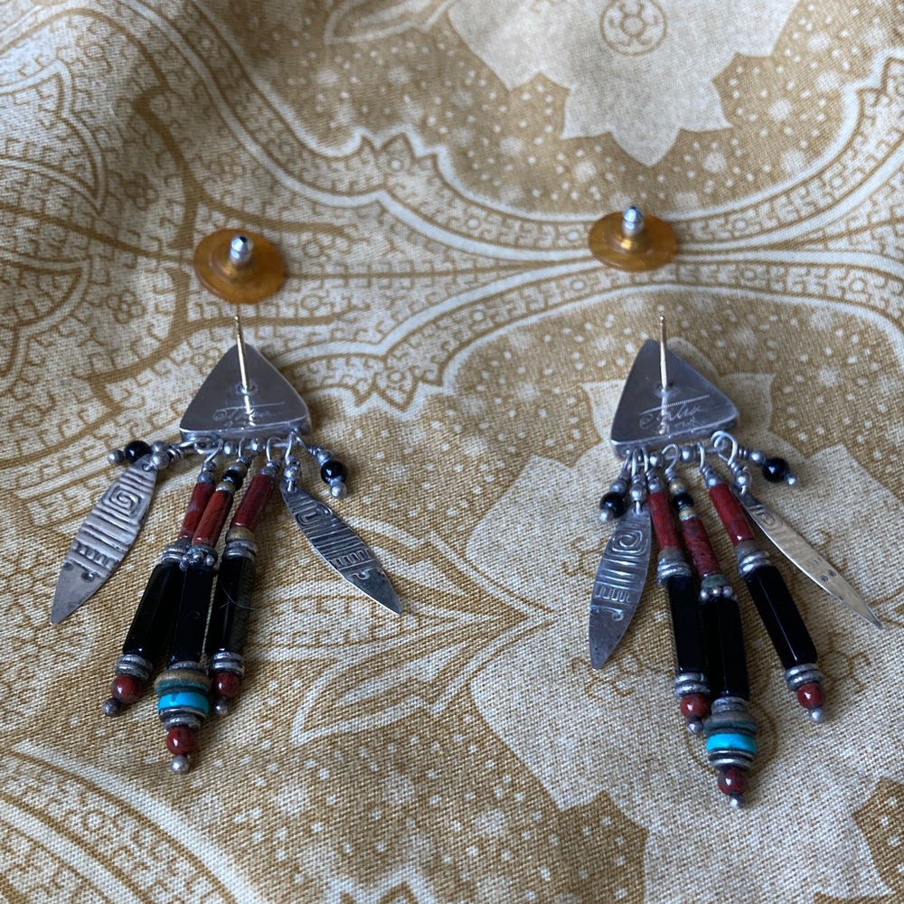 Vtg 90’s Tabra Sterling Silver, Turquoise, Coral, Onyx Dangle Earrings, Signed - Picture 6 of 8